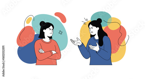Two women arguing in front of abstract colorful shapes illustrating conflict and disagreement