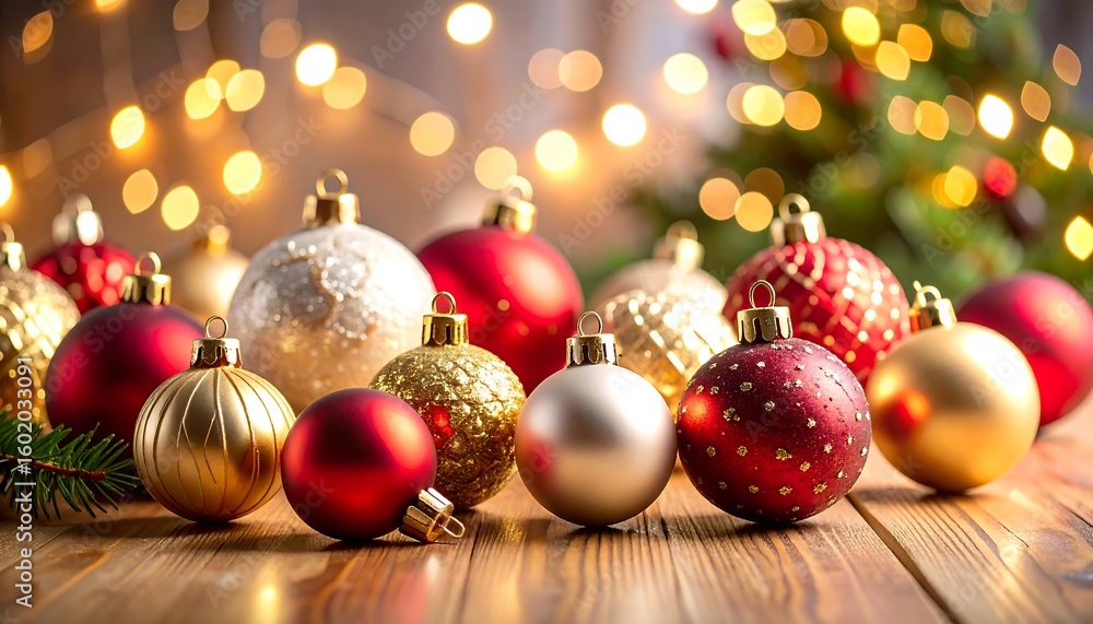 Fototapeta premium Christmas ornaments on wooden table, festive lights