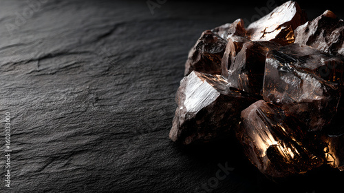 Raw lithium ore crystals on dark granite with metallic reflections,showcasing strategic mineral resources and clean energy materials for industrial use.