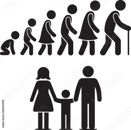 Vector set of life cycle flat icons. People of different ages, man and women, family, stages of growing up
