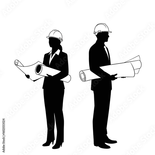 Silhouetted male and female architects wearing hard hats stand holding rolled blueprints, representing teamwork and professional expertise in construction projects.