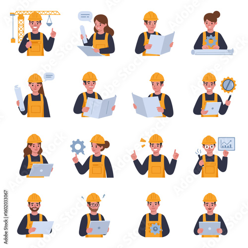 A diverse set of cartoon construction workers and engineers in various poses, showcasing teamwork, planning, and problem-solving with tools and technology.