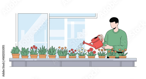 Gardener watering plants on a windowsill during a sunny day providing essential care