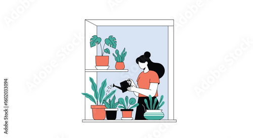 Woman watering potted plants on a windowsill enjoying a calm morning routine