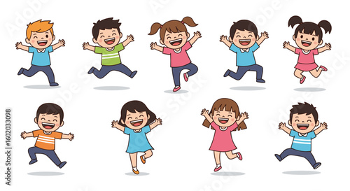 Excited children jumping energetically with happiness and joyful expressions