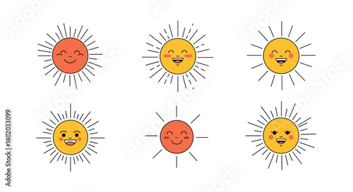 Collection of six happy sun characters with simple geometric rays and rosy cheeks