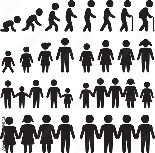 Vector set of life cycle flat icons. People of different ages, man and women, family, stages of growing up