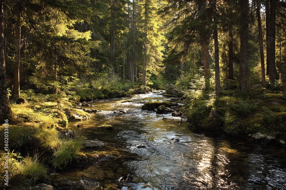 Fototapeta premium Autumn stream flows through a vibrant forest with rocks and trees