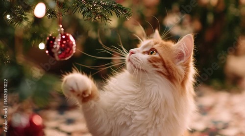 A cute, fluffy cat sits under a Christmas tree, ready to pounce on ornaments. Perfect for festive, animal, or holiday themes.

