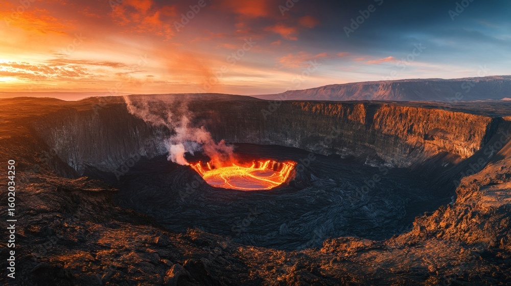 Fototapeta premium Volcanic crater at sunrise with molten lava.