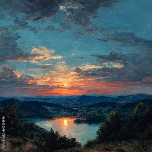 Sunrise over a tranquil mountain lake, with vibrant clouds reflecting the dawn sky and surrounding nature