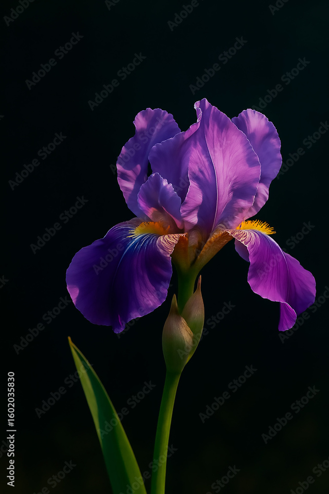 Fototapeta premium Striking close-up of a purple iris with yellow accents against a dark background. Ideal for botanical themes, elegance, and sophistication. Elegant flower on dark background.