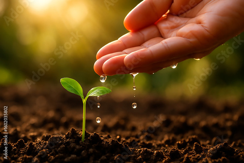 Hand watering a young seedling growing in dark soil, with a soft sunlight in the background. Represents growth, hope, and environmental care. New life concept image.