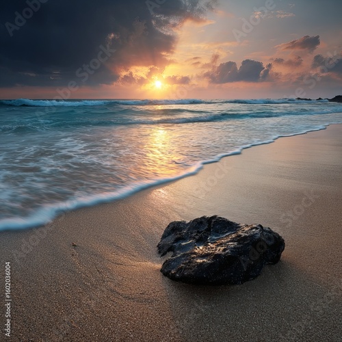 Nature's beauty unfolds with a colorful sky over the beach, waves, and rocks