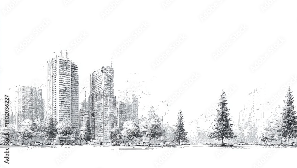 Fototapeta premium Pencil sketch of city skyline with trees (1)