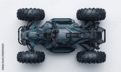 Top-down view of a dark gray all-terrain vehicle with teal accents