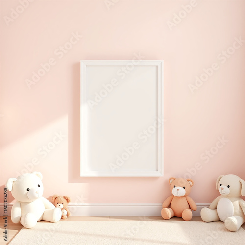 blank canvas mockup for children's room whimsical decor pastel wall design featuring plush toys ideal for nursery wall art showcase versatile portrait orientation template for creative design projects