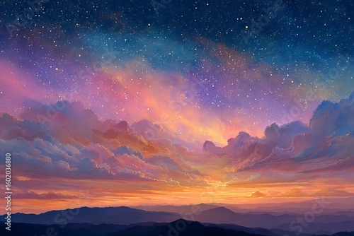 Dramatic sunrise and sunset light paints the mountain landscape with vibrant orange, red, and blue hues across cloudy skies