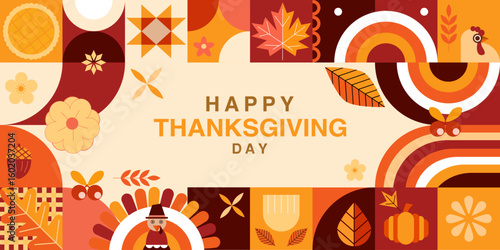 Happy thanksgiving day banner, greeting card, banner design. Greeting card cover. Minimalist environment shape texture, geometry collage. Vector illustration.