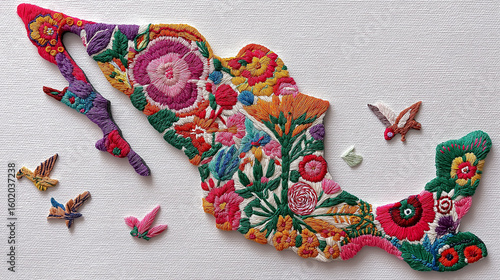 Vibrant Mexico Map Embroidery with Floral Design and Small Birds