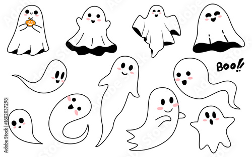 Cute Ghosts Halloween Cartoon Stickers Symbol Collection. Vector Illustration.