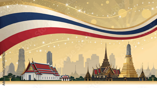 Gradient gold background with luxury white, red, blue and gold wavy stripes, silver and gold sparkle bokeh, skyline shadow, Thai temple, modern building, Bangkok, Thailand.