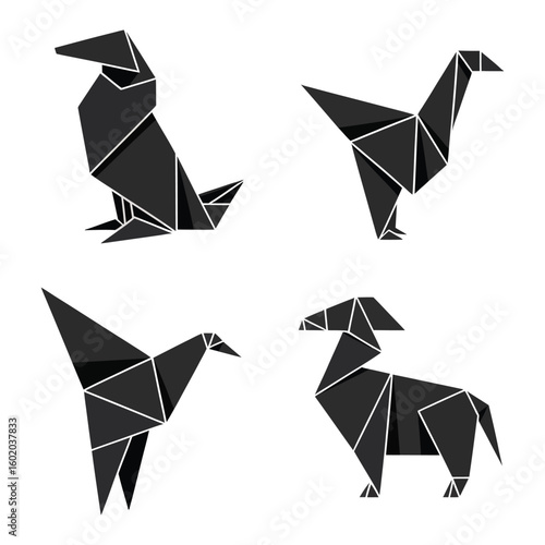 Four black origami animals on white background geometric shapes vector