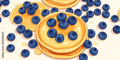 Buttermilk pancakes with blueberries, cartoon style repeat pattern on light background,  background,  seamless