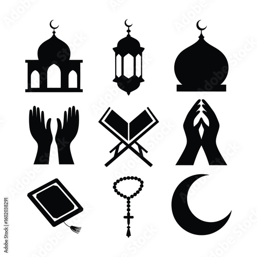 Islamic symbols mosque crescent moon Quran prayer beads lantern and hands vector