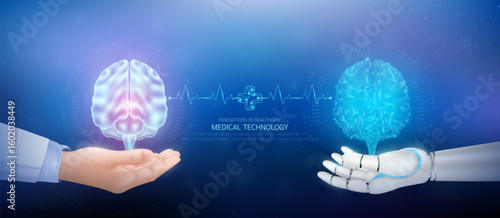 Medical technology. Brain polygon transparent on robot hand and doctor with heartbeat pulse cross circuit symbol. Innovative in health care futuristic by artificial intelligence (AI). Banner vector.
