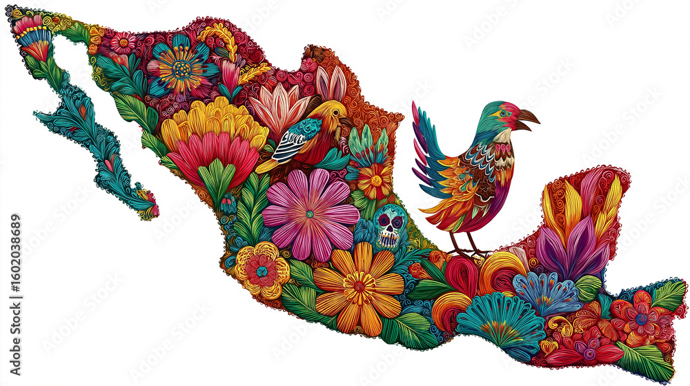 Obraz premium Vibrant floral mexico map with birds and skull illustration art design