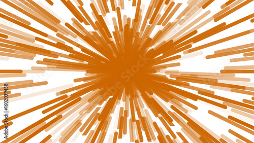 A dynamic, abstract burst of orange rectangular shards radiating from a central point against white, creating an energetic, explosive effect.
