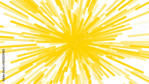 A dynamic, abstract burst of bright yellow rectangular shards radiating from a central point against white, creating an energetic, explosive effect.