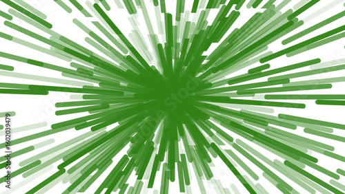A dynamic, abstract burst of green rectangular shards radiating from a central point against white, creating an energetic, explosive effect.