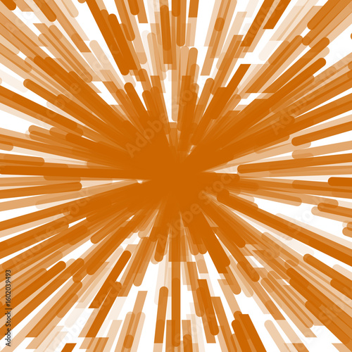 A dynamic, abstract burst of orange rectangular shards radiating from a central point against white, creating an energetic, explosive effect.