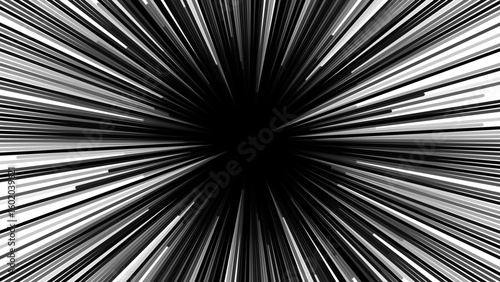 Abstract black and white radial lines emanating from a central point, creating a dynamic sense of depth and movement.