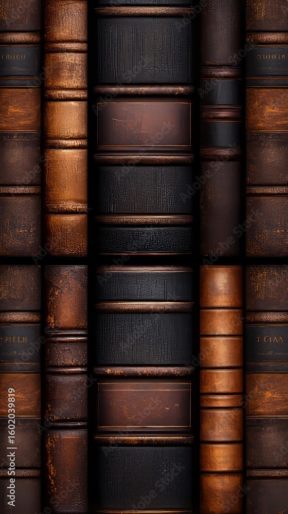 Naklejka premium A collection of vintage leather-bound books on a shelf.
