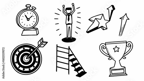 Illustration showing a stopwatch, target, ladder, trophy, and a celebrating businessman with arrows created with generated ai