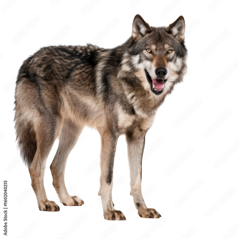 Majestic gray wolf standing proudly with mouth open on transparent background isolated on transparent background Majestic gray wolf standing proudly with mouth open on transparent background isolated on transparent background