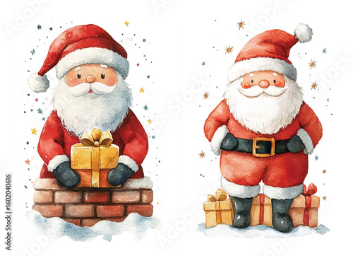 Christmas watercolor Santa Claus character with gift bag climbs into the house through the chimney cute holiday festive illustration for winter celebration greetings cards and posters