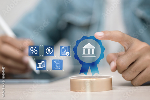 Fotografie Certified financial institution and digital banking icons concept