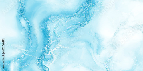 The surface appears glossy and reflective glacial texture, This blue and white marble tile texture highlights unique patterns, ranging from light cyan to deeper turquoise.