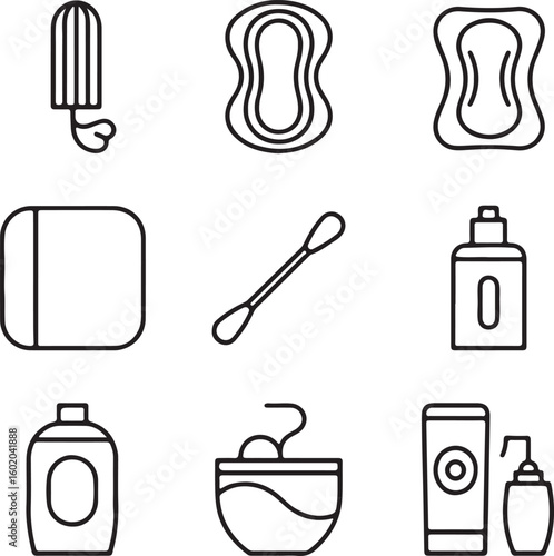 Feminine hygiene and personal care products outline icons set Black and white vector illustration of tampon sanitary pad cotton pads cotton swab and skincare products