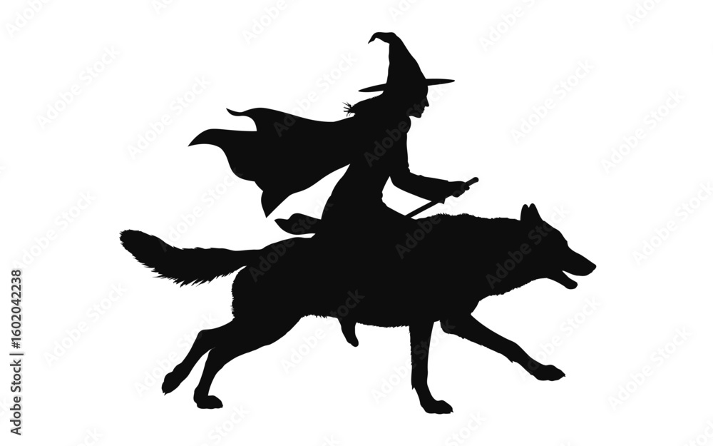 Fototapeta premium Silhouette of Witch Riding a Wolf Against White Background