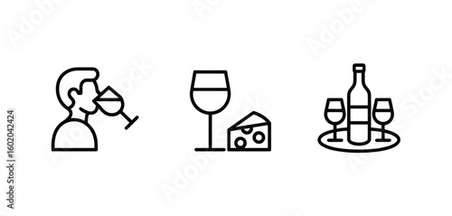 Wine Tasting Icons Person Drinking Wine Cheese Bottle Glasses