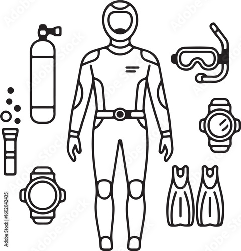 Vector illustration of a scuba diver with equipment in outline style including diving suit oxygen tank mask fins flashlight and watch isolated on white background
