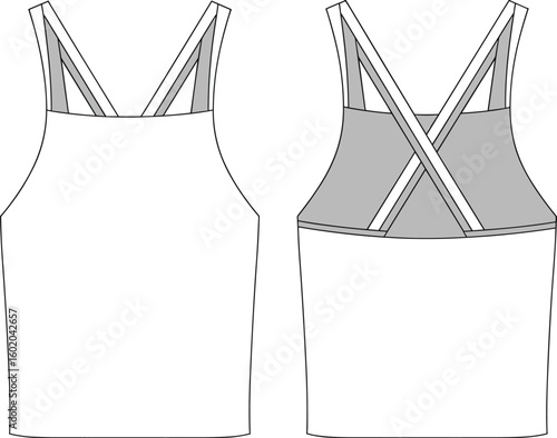 Women crop top, fashion flat sketch, cross back camisole, sleeveless tank design, strappy back template, technical cad vector drawing