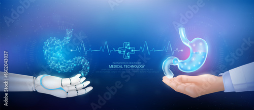 Medical technology. Stomach polygon transparent on robot hand and doctor with heartbeat pulse cross circuit symbol. Innovative in health care futuristic by artificial intelligence (AI). Banner vector.