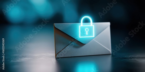 Futuristic 3D Encrypted Email Icon with Glowing Lock in Cybersecurity Setting
