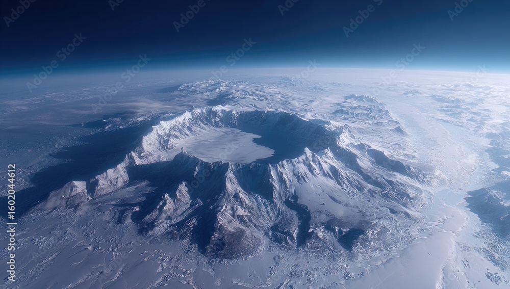 Fototapeta premium Vast, icy caldera, ringed by snow-capped peaks, from space